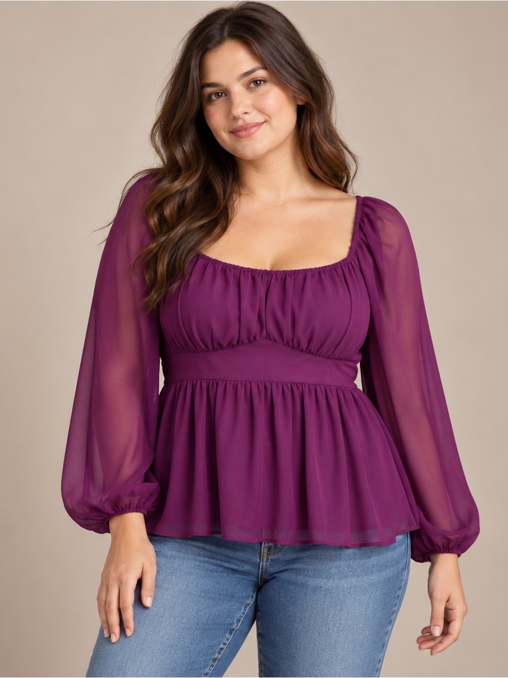 Torrid Peplum Sheer Long Sleeve Babydoll Blouse Plum Size 00 M-L